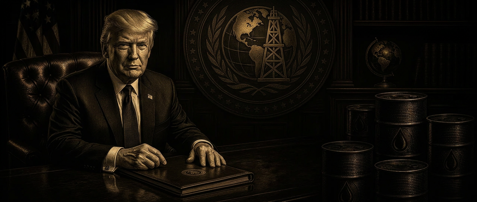 Gold-toned portrait of Donald Trump seated at a desk beside oil barrels and an institutional globe seal